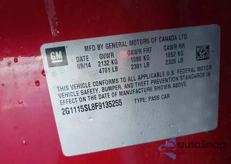 2015 Chevrolet Impala 1Lt из США, поврежденный, VIN 2G1115SL8F9135255